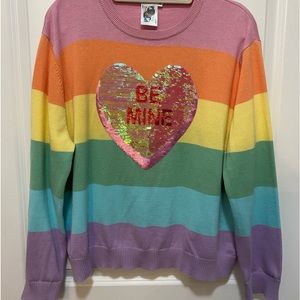 Queen of Sparkles sequin candy heart rainbow sweater, size M